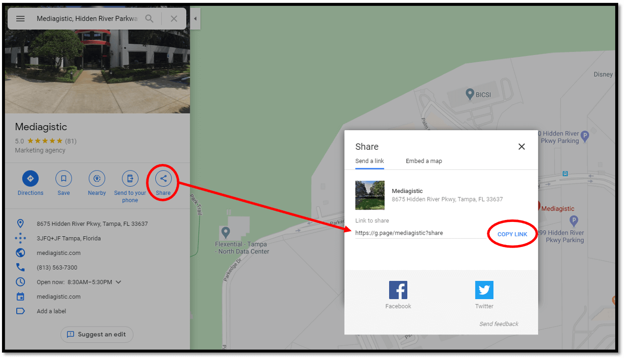 Screenshot of a google maps location after clicking the share icon